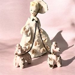 VTG Southern Belle Girl w/ 2 Pink White Poodles Parasol Chains Japan