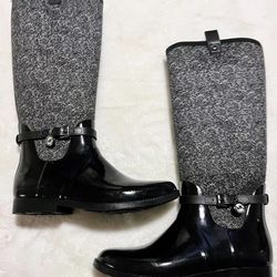 New MICHAEL KORS MK CHARM Black White Stretch Tall Rain Boots Women’s Size 10