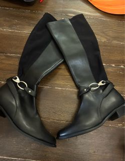 Black Knee-High Riding Boots with Gold Hardware