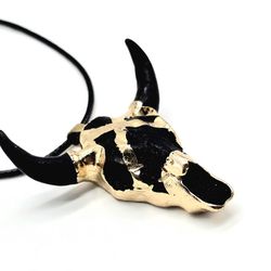 Black Ox Bull Buffalo Cattle Head Horn Gold Wrapped Pendant Necklace