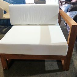 33.5 Inch Wide Teak Left Arm Patio Chair with White Cushions
