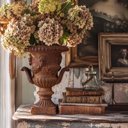 Vintage Cast Iron Garden Urn Planter Rustic Heavy Patina Antique Cherub French Gothic Jardinière  Heavy Centerpiece Victorian Aged Rusty Weathered Pot