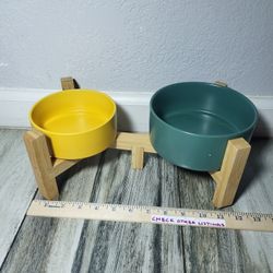 Elevated Ceramic Dog Bowl Set - Raised Dog Bowls with Non-Slip Bamboo Stand - Dog Food and Water Bowl Set - Double Dog Feeding Bowls - Pet Dishes for 