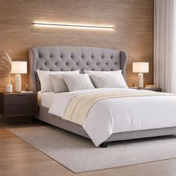 Queen size bed frame Wingback Bed/Tufted Headboard Adjustable Bed Gray B-23