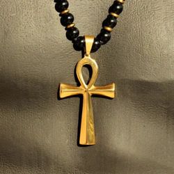 Ankn Cross And Black Onyx Gemstone Necklace.