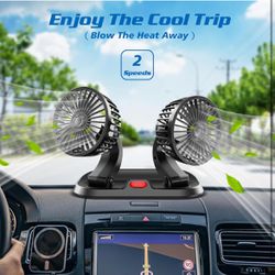 USB Adjustable Dual Head 12v Car Fan, Portable Vehicle Cooling Fan with 2 Speeds, 360° Rotation Car Essentials Car Cooler Fan for SUV, RV, Truck, Seda