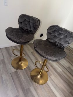 Gray Velvet Tufted Bar Stools with Gold Base – Set of 2
