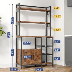 🥨EnHomee 6 Tier Kitchen Bakers Rack Microwave Oven Stand with Storage Coffee Bar with Shelves Cabinet Hooks, Wood and Metal Standing Shelf Unit, 29.5