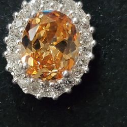 Pendant Set, Oval Topaz & Diamond, Platinum Overlay Sterling Silver. Earrings & Necklace Pendant On 18" Chain $250, New, Never Worn, In Box 