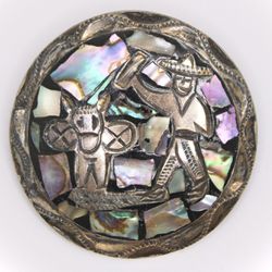 Vintage Sterling Silver Abalone Alpaca and Man Motif Brooch / Pendant *925 Mexico, Very Cool*