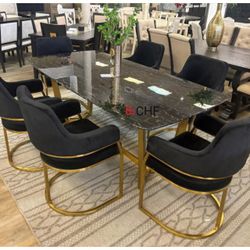 Modern 7 Piece Dining Table Set With Gold Metal Frame // Limited Time Offer 