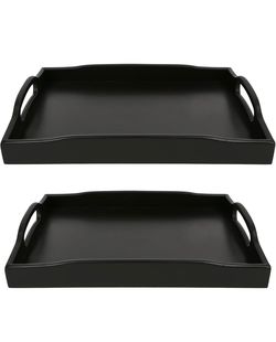 Set of 2 Black Bamboo Serving Trays with Handles
