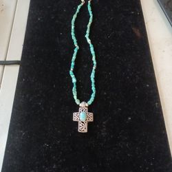 Sterling Silver Turquoise stone Necklace with Sterling Silver Cross with Turquoise Stone Charm 