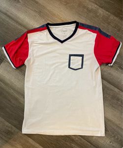 red and white vintage pocket tee with denim shoulder accents
