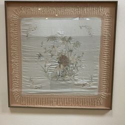 Vintage Asian Embroidered Silk Shall Framed 40”x40”