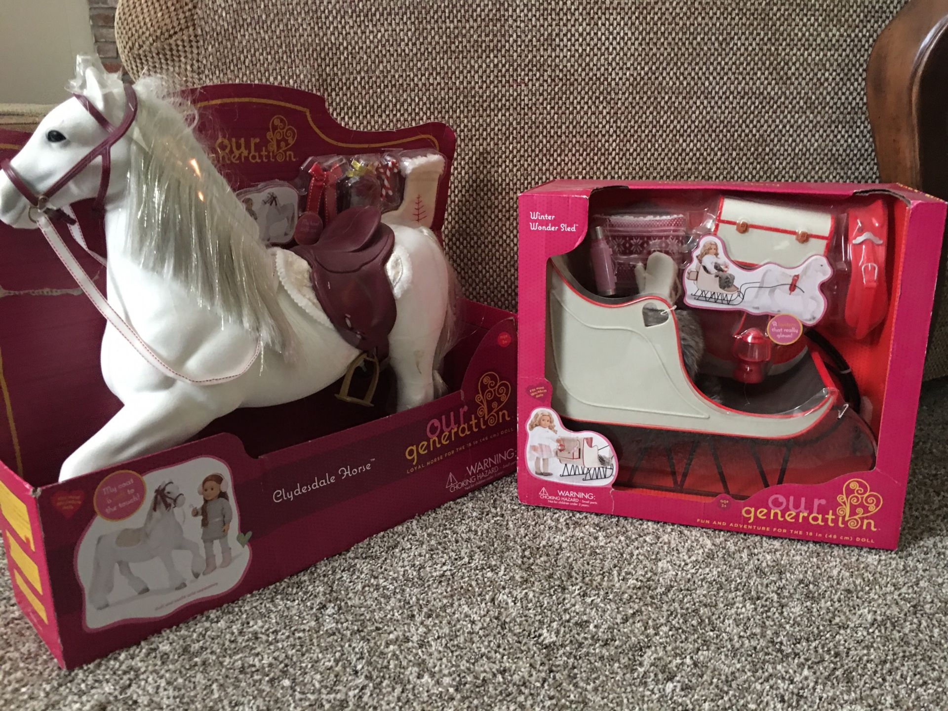 American girl Doll/OG Doll Sled And Clydesdale Horse