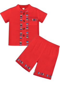 3-4T Toddler Boy Red Mexican Outfit Short Sleeve Embroidery Shirt and Shorts Kids Traditional Cinco De Mayo 2 Pieces Clothes