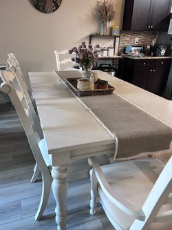 White Farmhouse table and 5 chairs and 1 bench