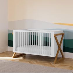 White Crib With Wood Modern With Brand New Mattress