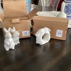 Pottery Barn White Ceramic Bunny Figurines and Napkin Ring