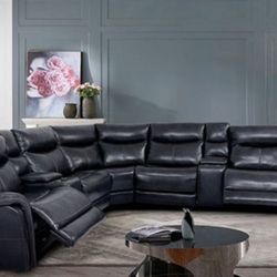 Brand New Dark Navy Blue Top Grain Leather Power Reclining Sectional Sofa 