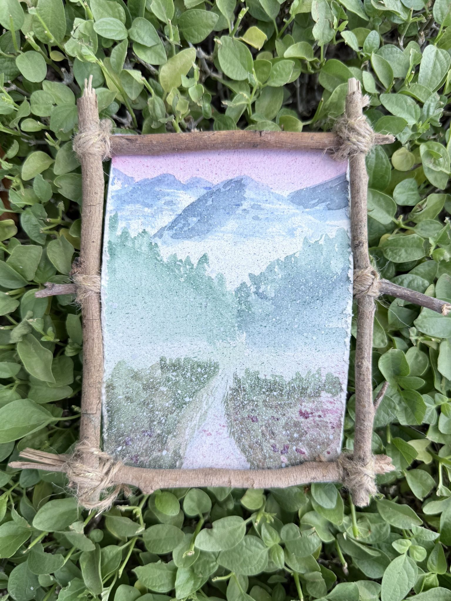 Misty Mountain Path β Original Watercolor in Handmade Twig Frame β $40