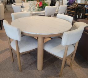 Round 45"D Table + 4 Boucle Side Chairs