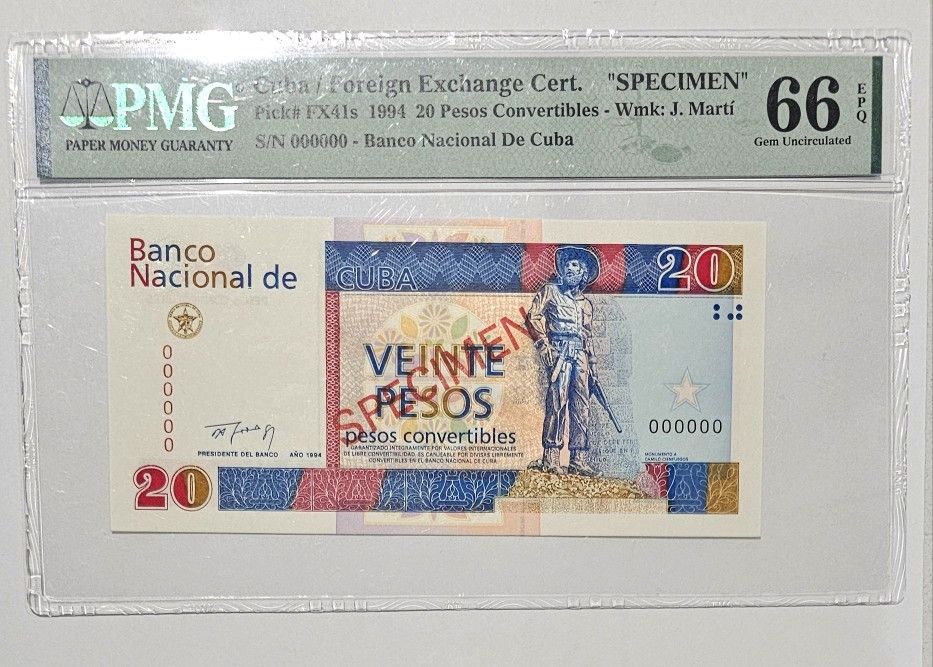 20 Pesos Specimen Convertible 1994 Cuba Pmg 66
