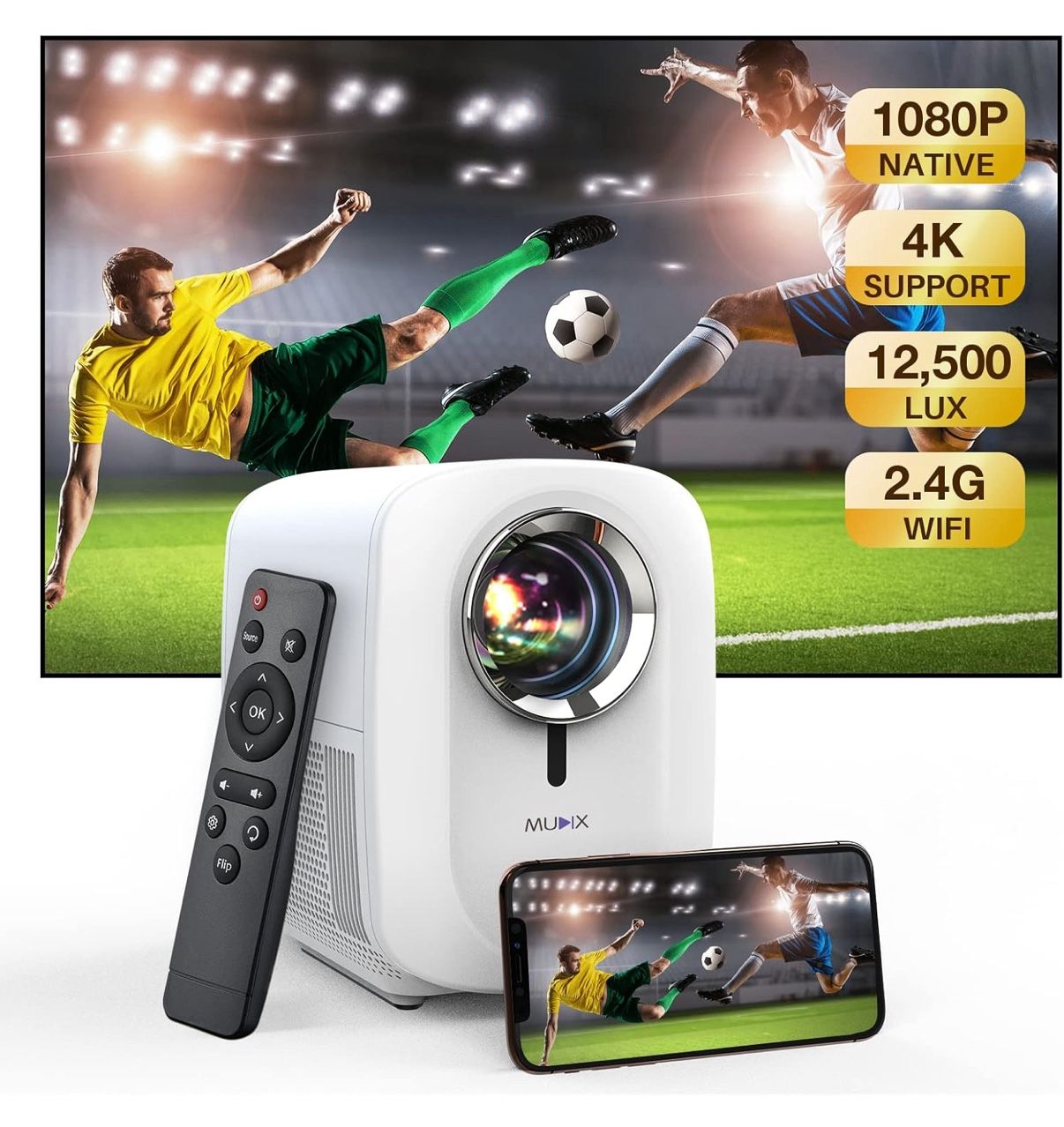 Video Projector - MUDIX 2022 Mini Projector Native 1080P WiFi Portable Projector with Remote Control Supports HD AV USB for Phone Laptop DVD, iOS Andr