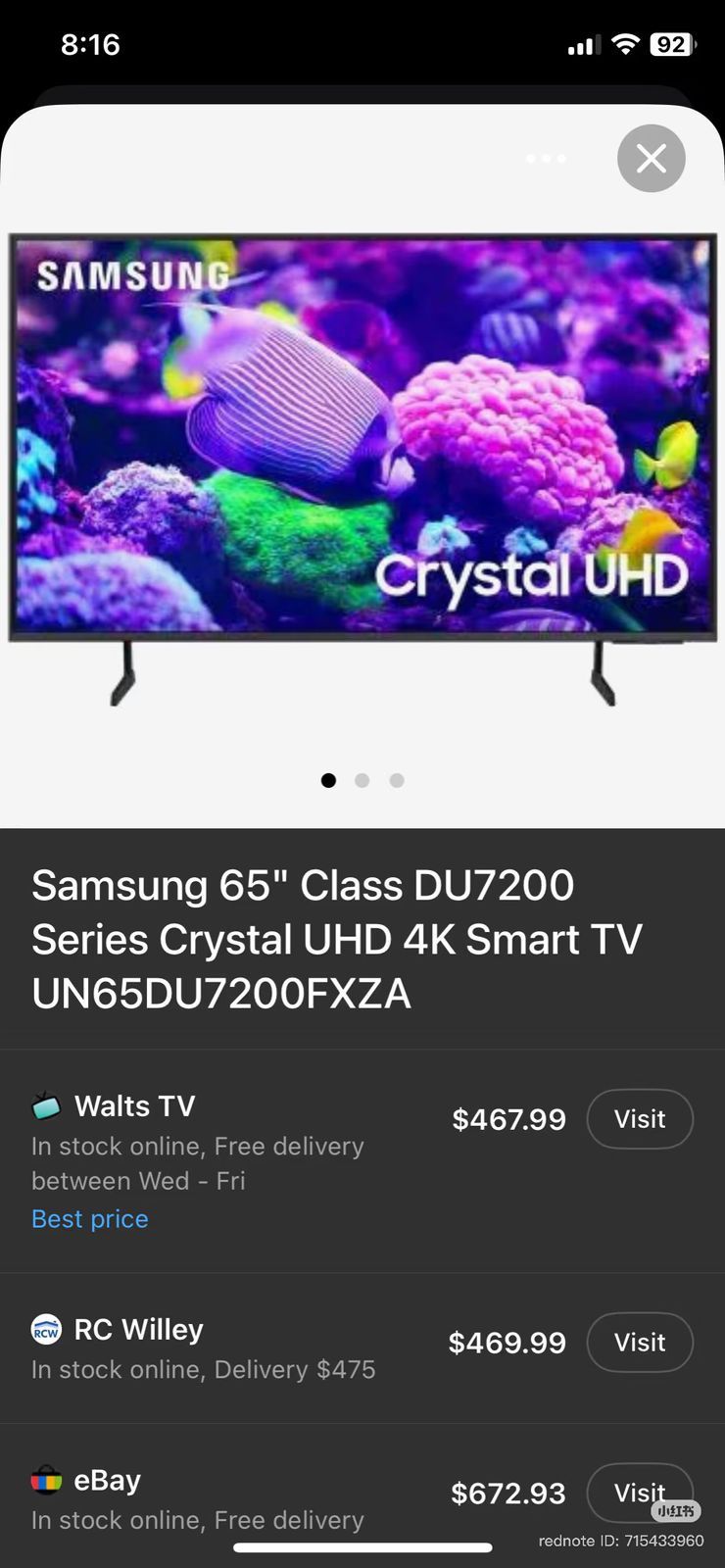 Samsung 65” 4K 120Hz Crystal UHD Smart TV For Sale