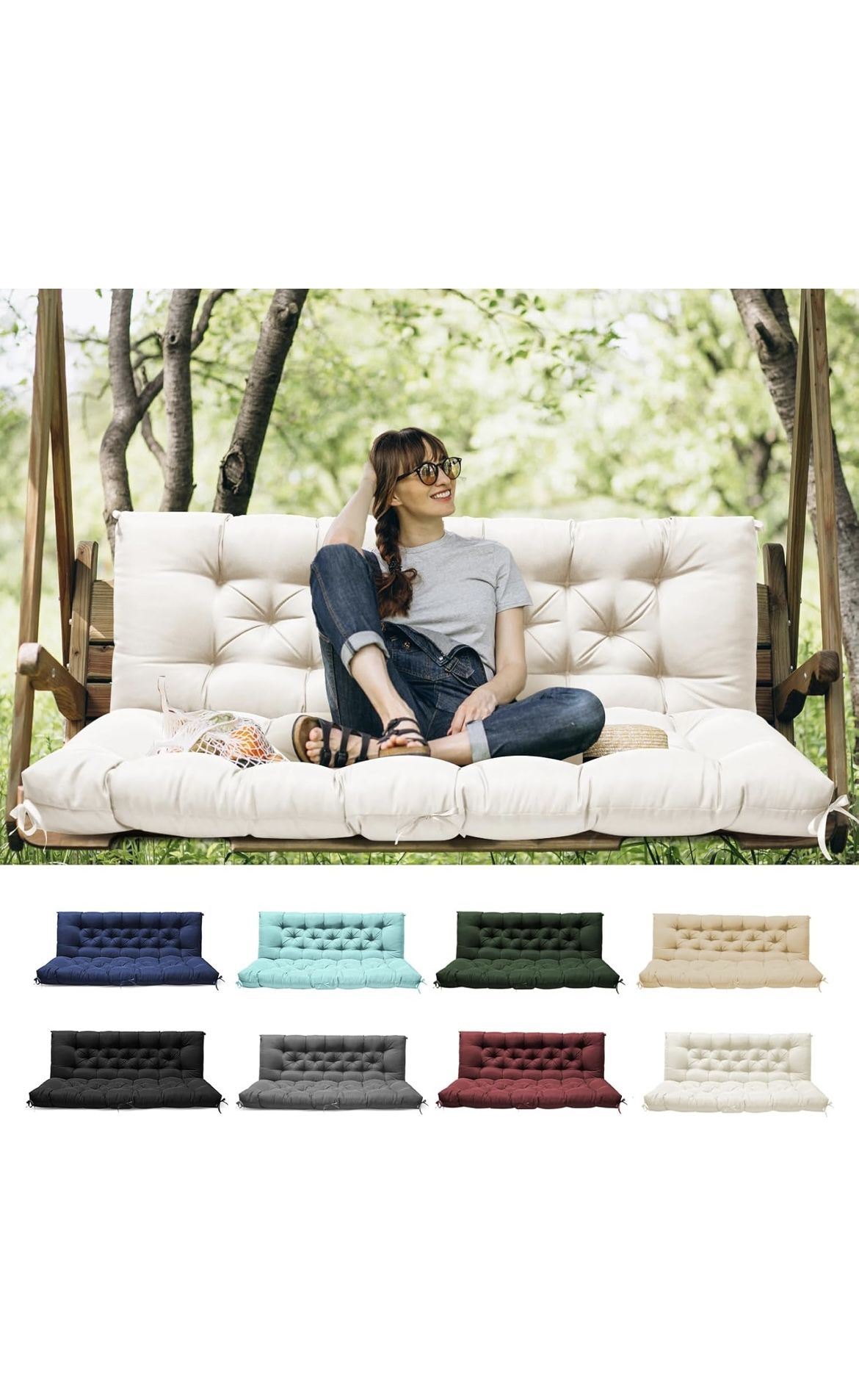 Outdoor Porch Swing Cushion with Backrest — Waterproof Replacement Cushion with Ties, Fits 2–3 Seat Swing Benches (Cream, 60×20+20 in)