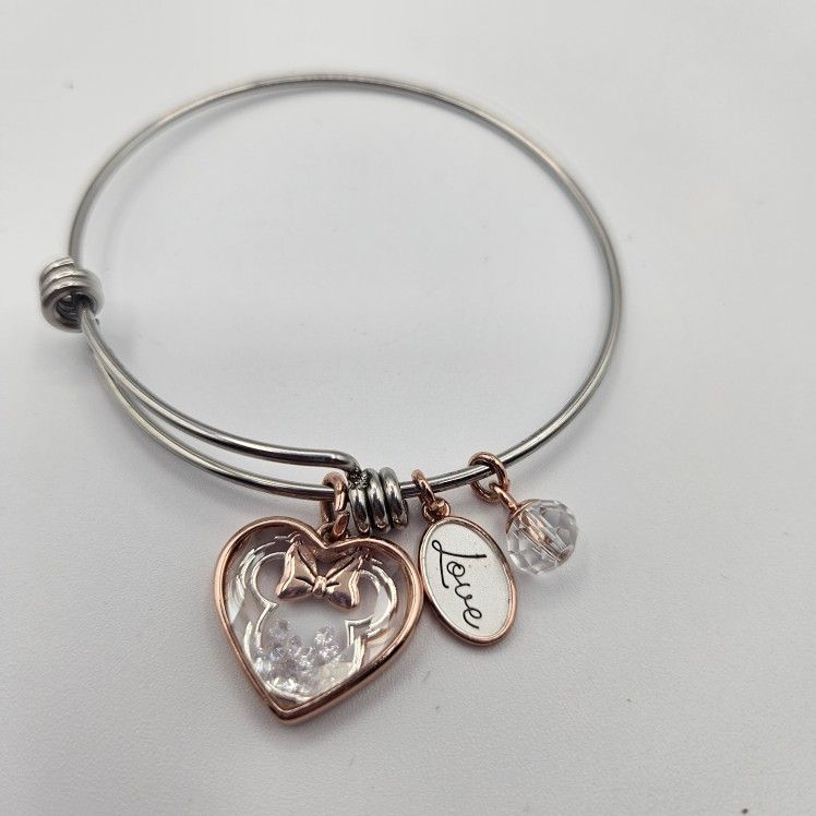 Crystal Minnie Mouse Stainless Steel Gold Tone Charm Bracelet New