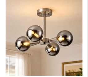 Brushed Nickel Ceiling Light 4 Light Smoked Glass Chandelier Sputnik Ceiling Light Fixture with Smoked Globe Chandelier for Living Room Dining Room Be