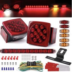12V Trailer Led Light Kit, 2x Square Led Stop Turn Tail Brake License Plate Running Lights W/ 25ft Wiring Harness/6x Mini Marker Lights/15" 11LED Trai