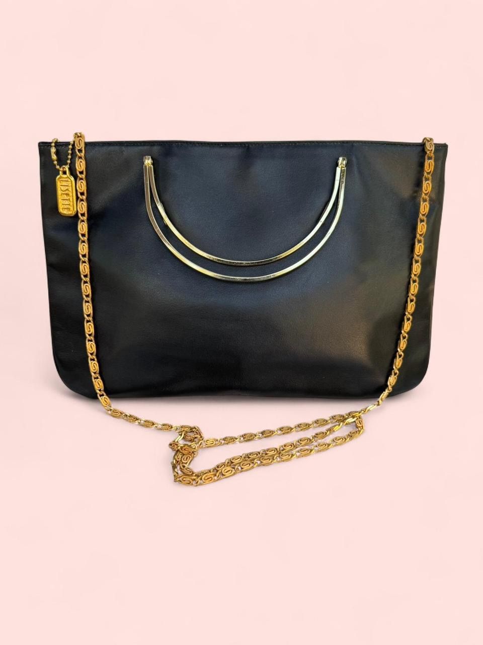 Vintage 80s Lisette Black Leather Shoulder Handbag & Clutch with Gold Hardware