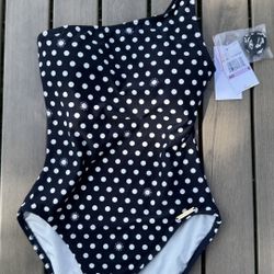 MICHAEL Michael Kors Women’s One-shoulder One Pice Swimsuit Polka Dot Navy Blue Logo 6 NWT
