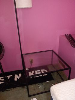Glass small square coffee table and lamp