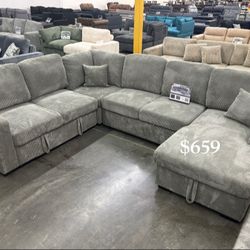Gorgeous 4-Pc Corduroy Sectional Sofa With Pullout Bed,  Double Storage, And USB Port 