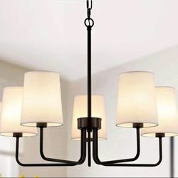 Farmhouse Chandelier, Matte Black with White Fabric Shade, Farmhouse Linear Island Lighting Fixture for Kitchen, Dining Room (5-Light Matte Black with