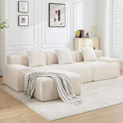 Boneless sofa, L-shaped modular sofa, deep seat, 3D high-resilience sponge, corduroy beige