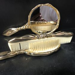 Brush Comb Mirror Set Heavy Solid Brass And 1950’s