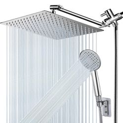8" High Pressure Rainfall Shower Head Handheld Combo 5 Settings with 12" Brass Height/Angle Adjustable Extension Arm 60" Hose, Stainless Steel Bath