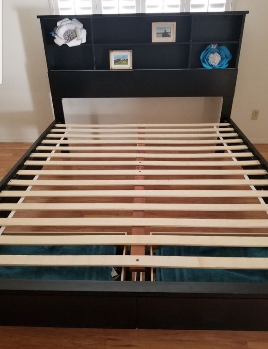 Cal king black platform bed frame with shelves