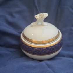 Vintage Czech Porcelain Round Lidded Dresser Jar with Cobalt Blue & Gold Accents