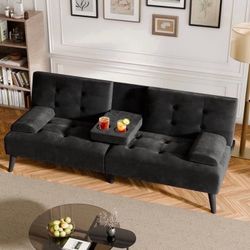 Convertible Futon Sofa Bed, Foldable Futon Sleeper Sofa Bed with 2 Cup Holders, Folding Loveseat Recliner with 3-Angle Adjustment Modern Couch for Liv