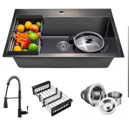 Drop-in 33-in x 22-in Stainless steel Single bowl Kitchen Sink All-in-One Kit