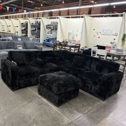 4pcs Black Velvet Sectional Sofa With Ottoman 