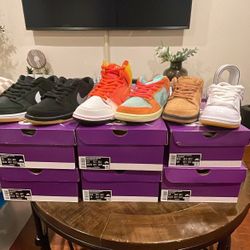 Nike Dunk Low SB Fog, Black Gum, White Gum, Wheat, Emerald Men sizes. 