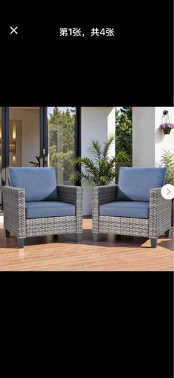 2-Piece Wicker Single Outdoor Lounge Chair Single Chairs with Denim Blue Cushion for Patio, Deck, Porch