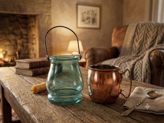 Rustic Farmhouse Decor Set: Blue Glass Lantern & Copper Moscow Mule Mug